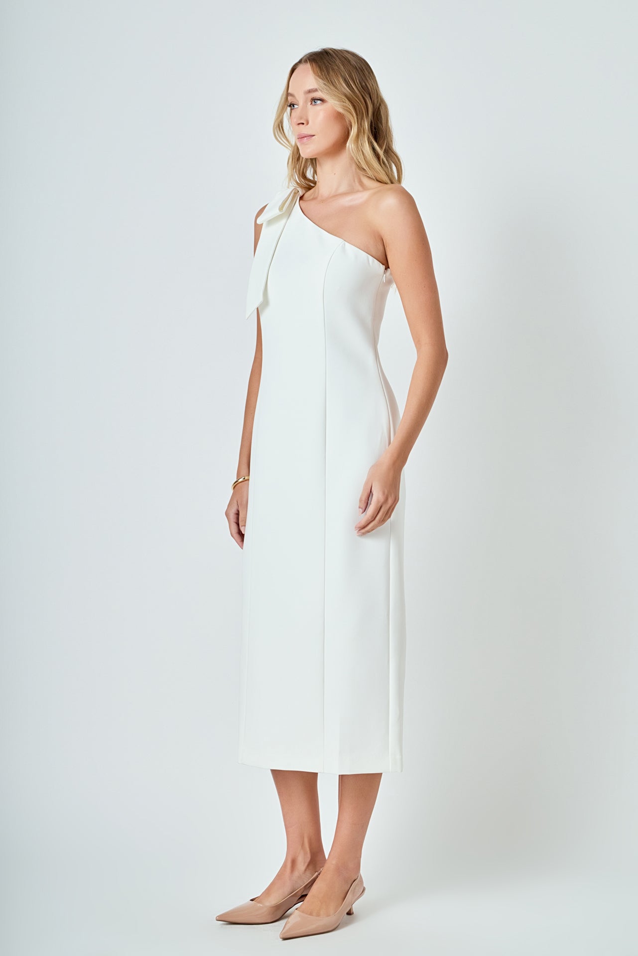 One Shoulder Bow Accent Midi Dress