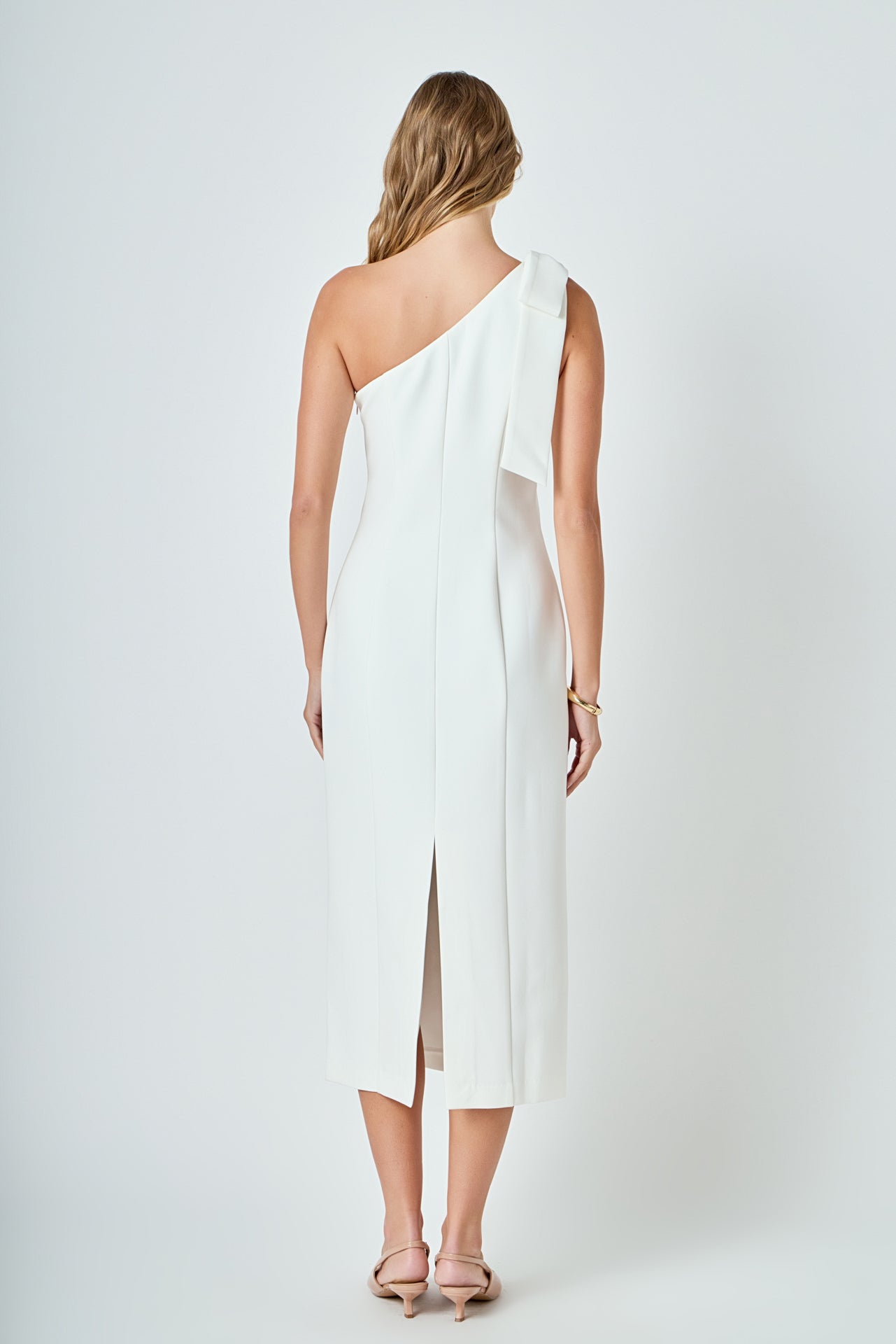 One Shoulder Bow Accent Midi Dress
