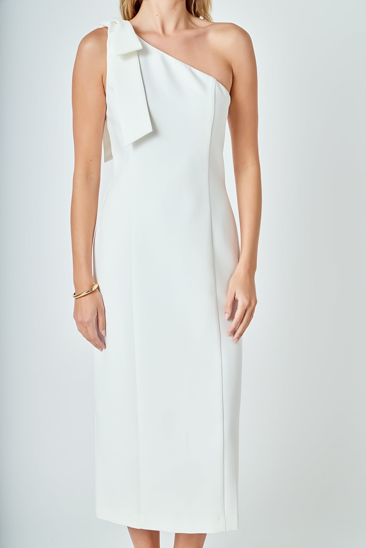 One Shoulder Bow Accent Midi Dress