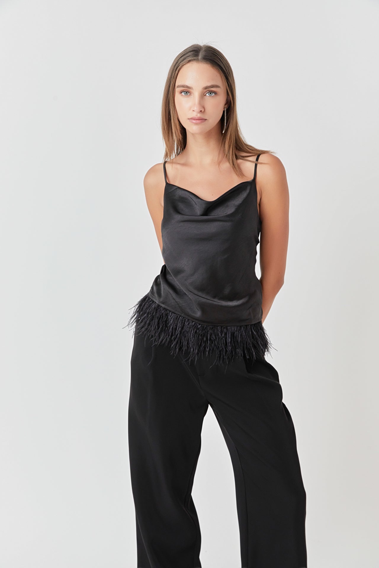 Satin Cowl Neck Top with Feather
