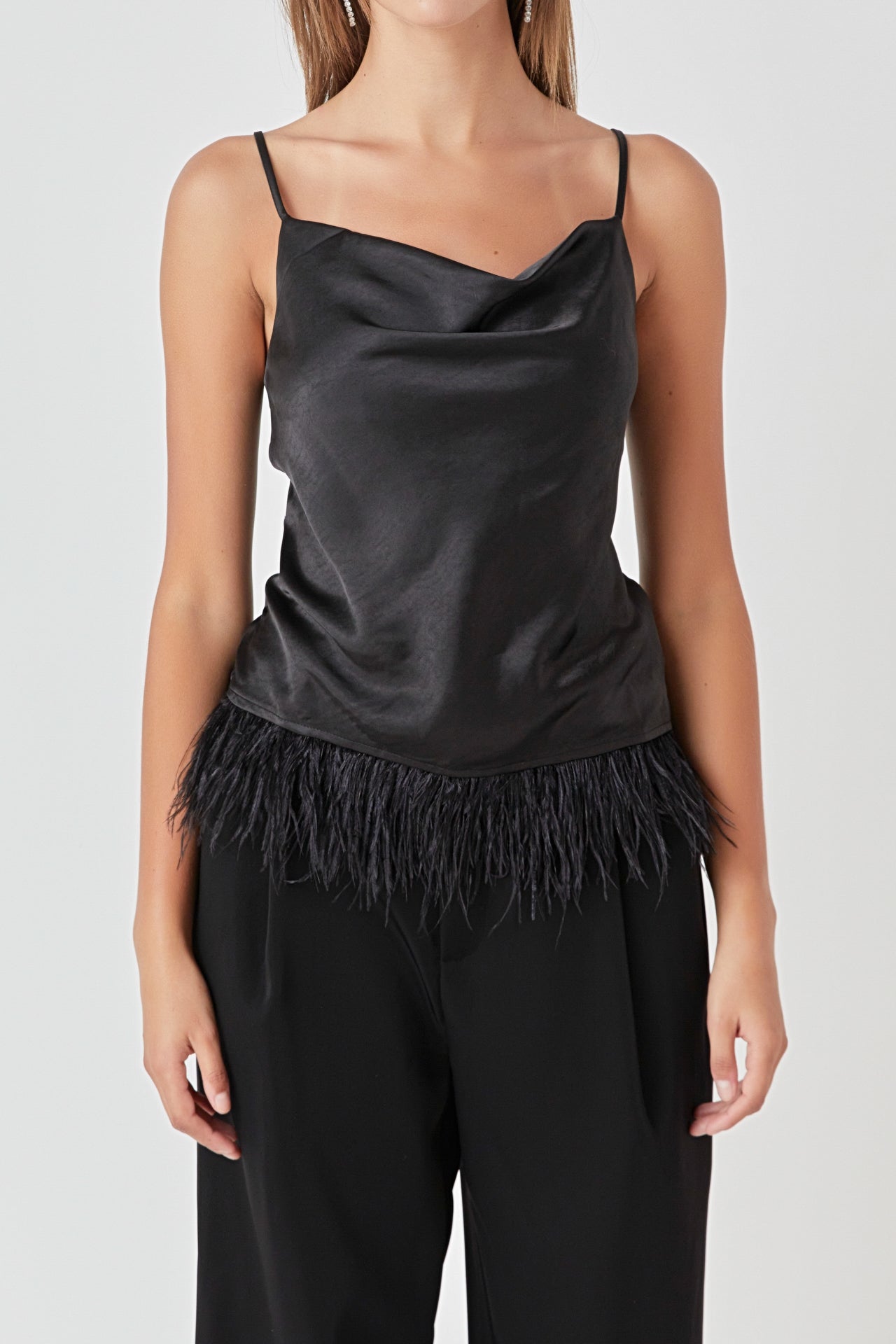 Satin Cowl Neck Top with Feather
