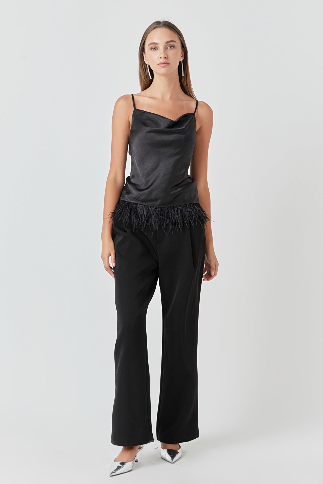 Satin Cowl Neck Top with Feather