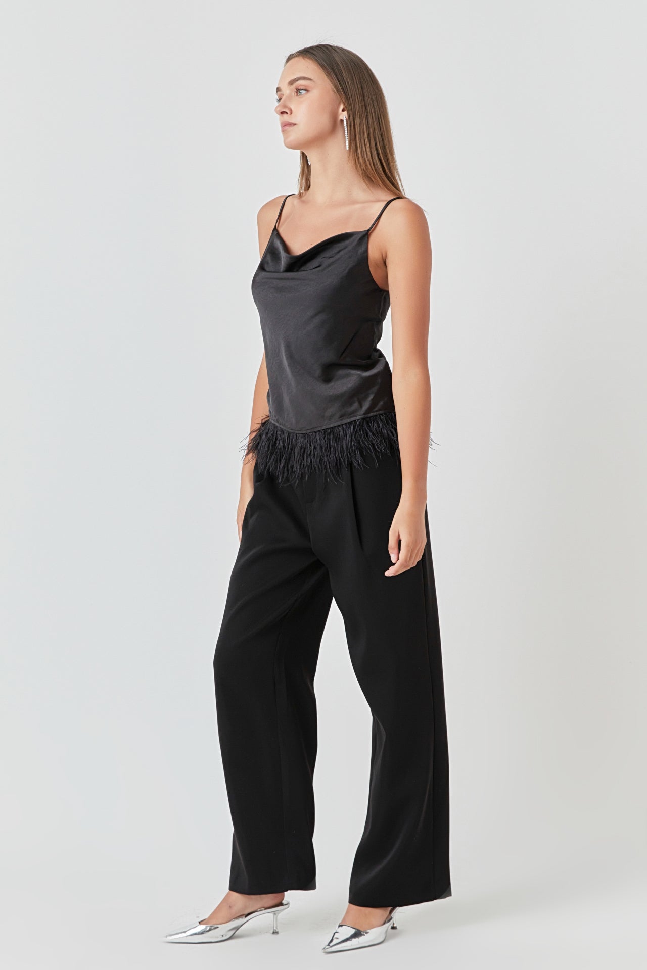 Satin Cowl Neck Top with Feather