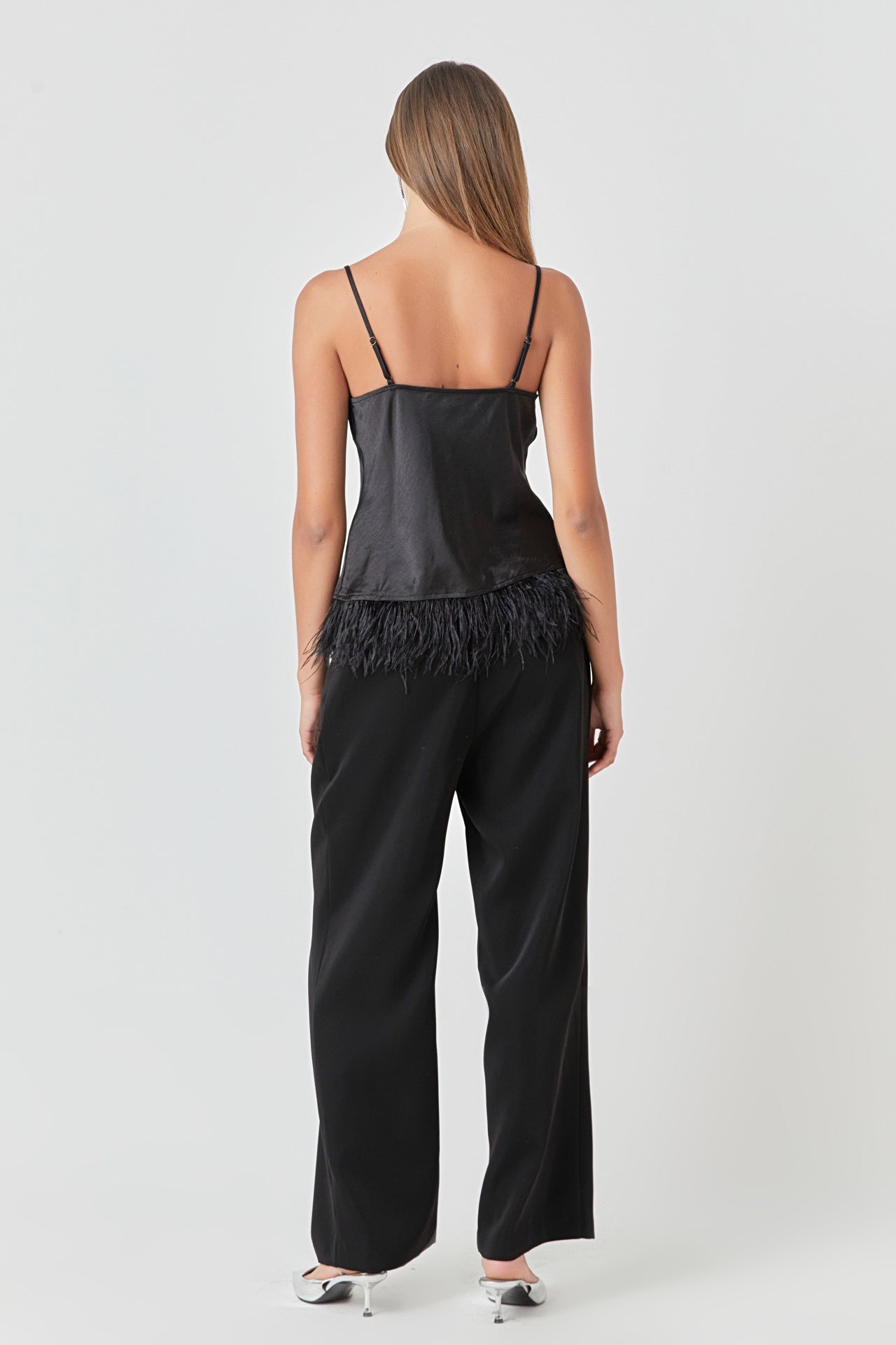 Satin Cowl Neck Top with Feather