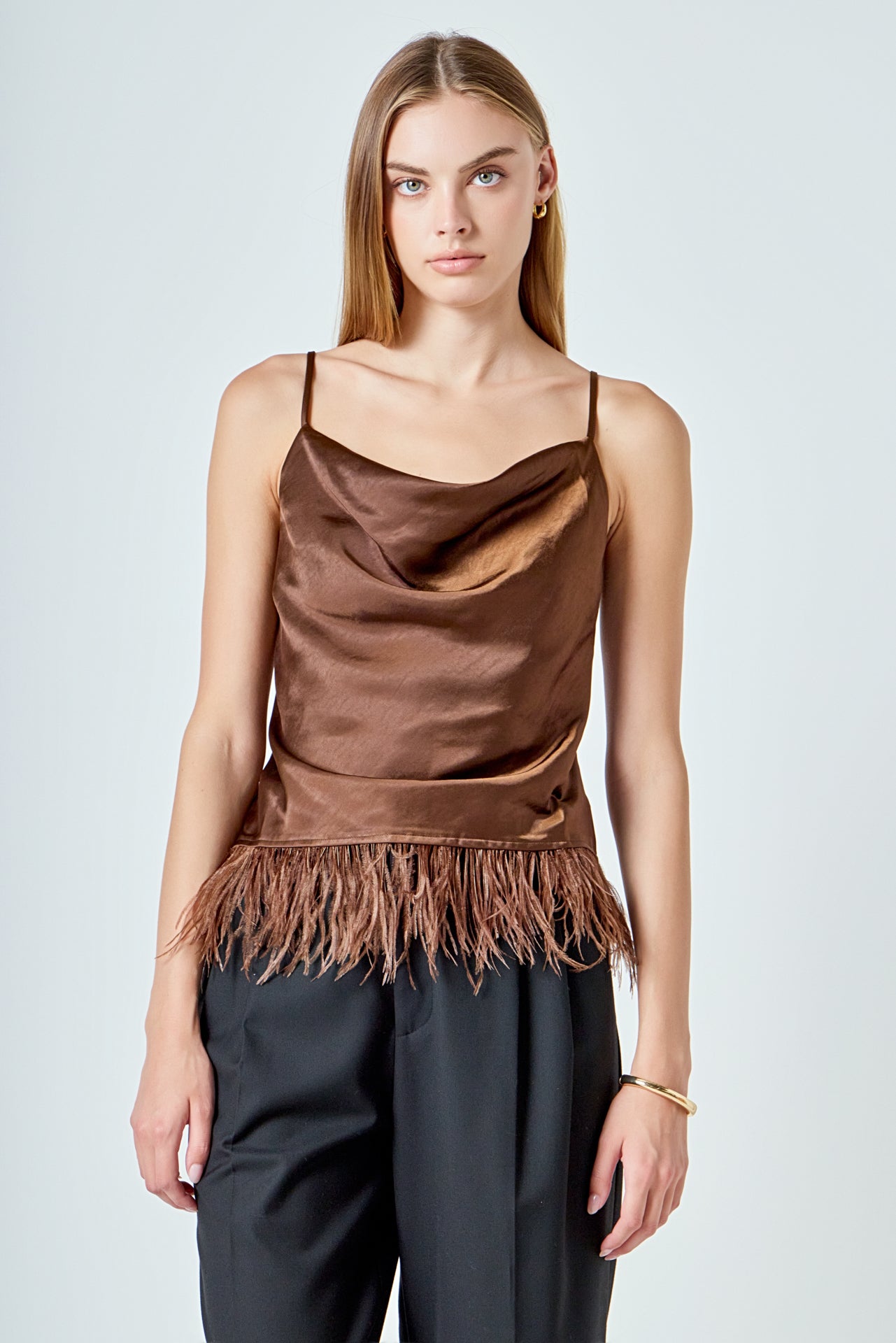 Satin Cowl Neck Top with Feather