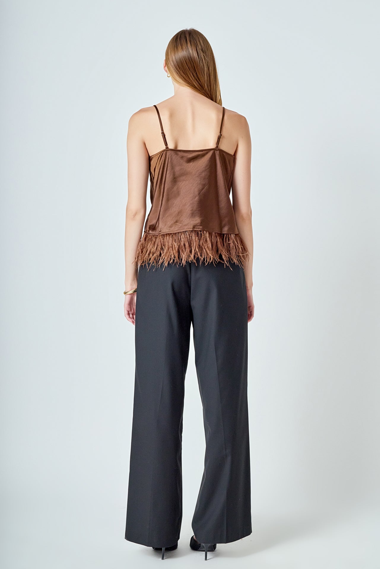 Satin Cowl Neck Top with Feather