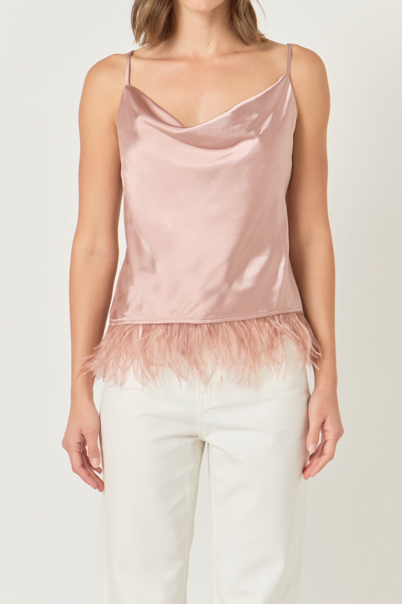 Satin Cowl Neck Top with Feather