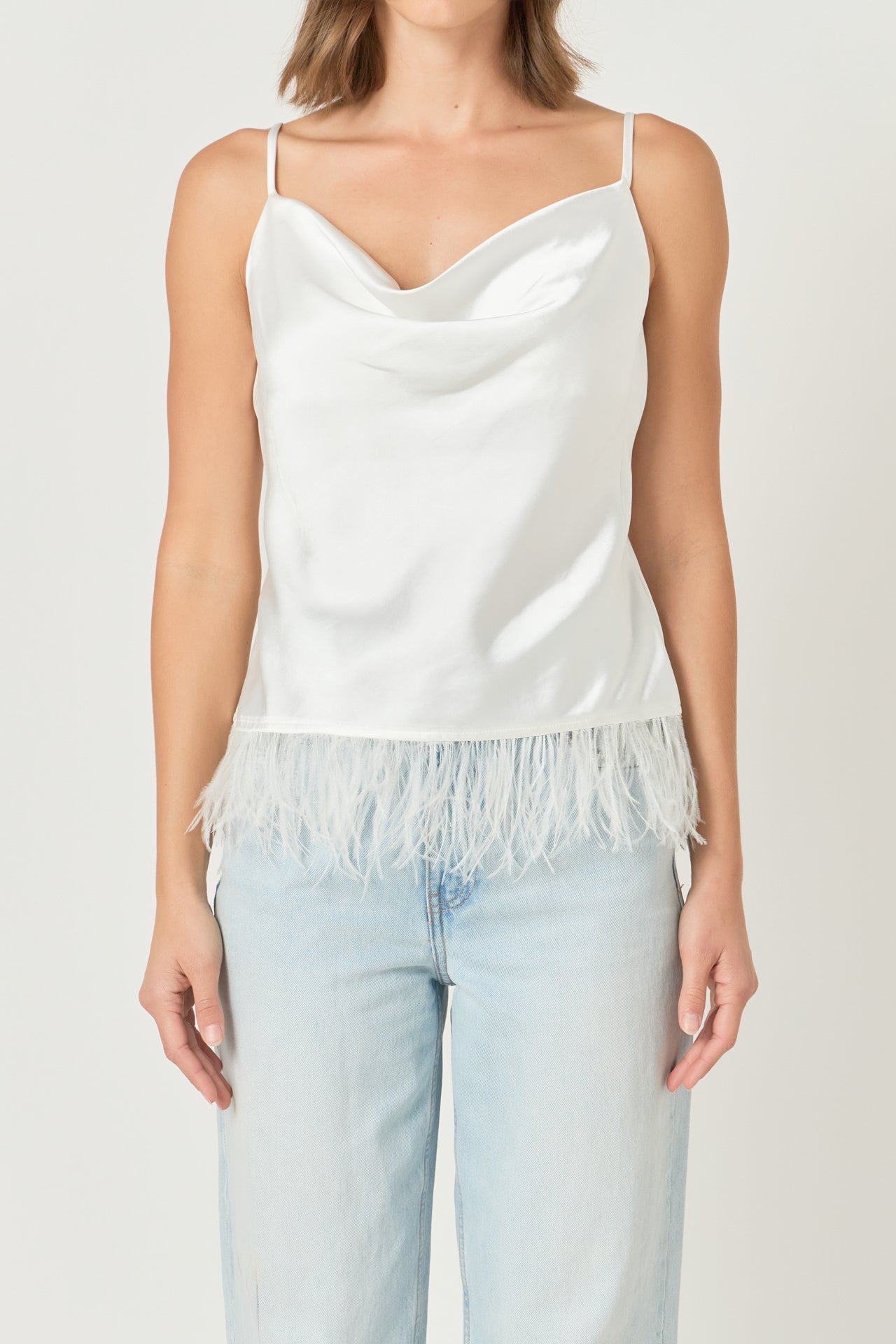 Satin Cowl Neck Top with Feather