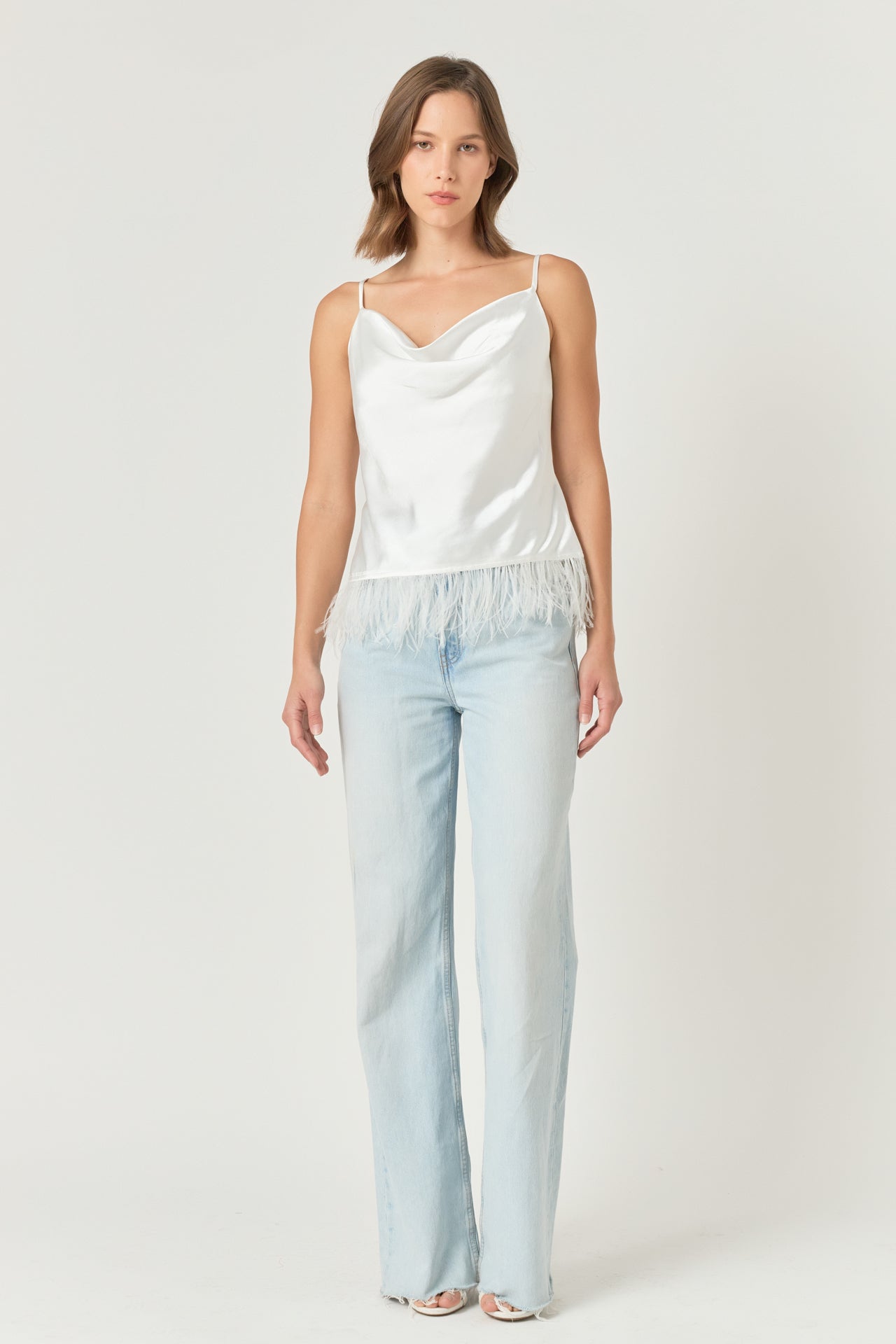 Satin Cowl Neck Top with Feather