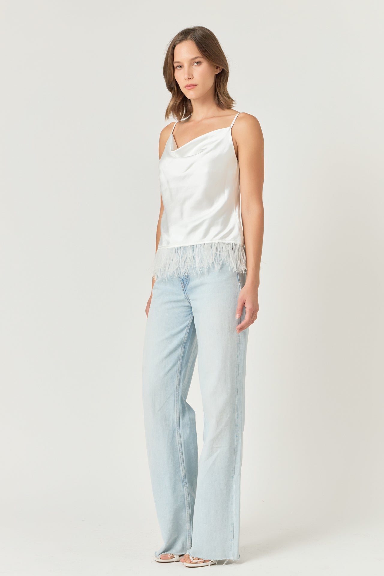 Satin Cowl Neck Top with Feather